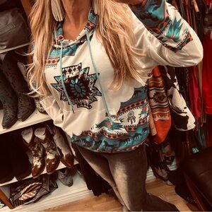 Aztec Print Hooded Pullover Sweatshirt - Turquoise/White size small